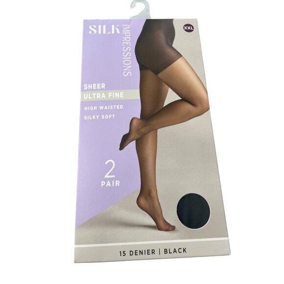 Silk Impressions Pantyhose Size XXL Ultra Fine Sheer Black 15 Denier 2 Pairs NEW - Picture 1 of 6